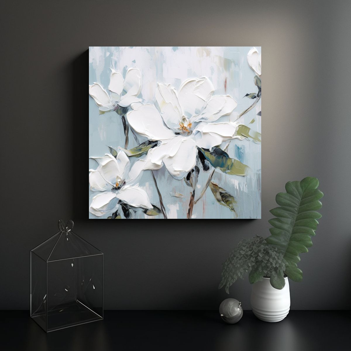 GENERICO - Cuadro Floral Blanco En Bastidor Cuadrado Flores 80x80 Cm