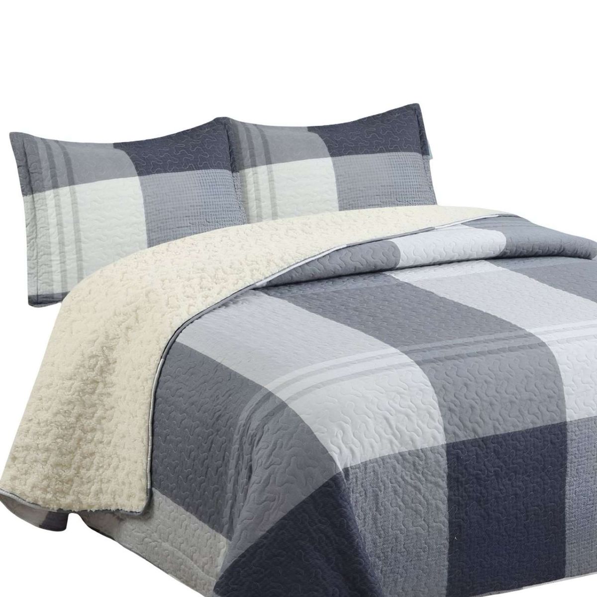 GENERICO - Cubrecama Quilt con sherpa plaza y media 180 x 230 cm