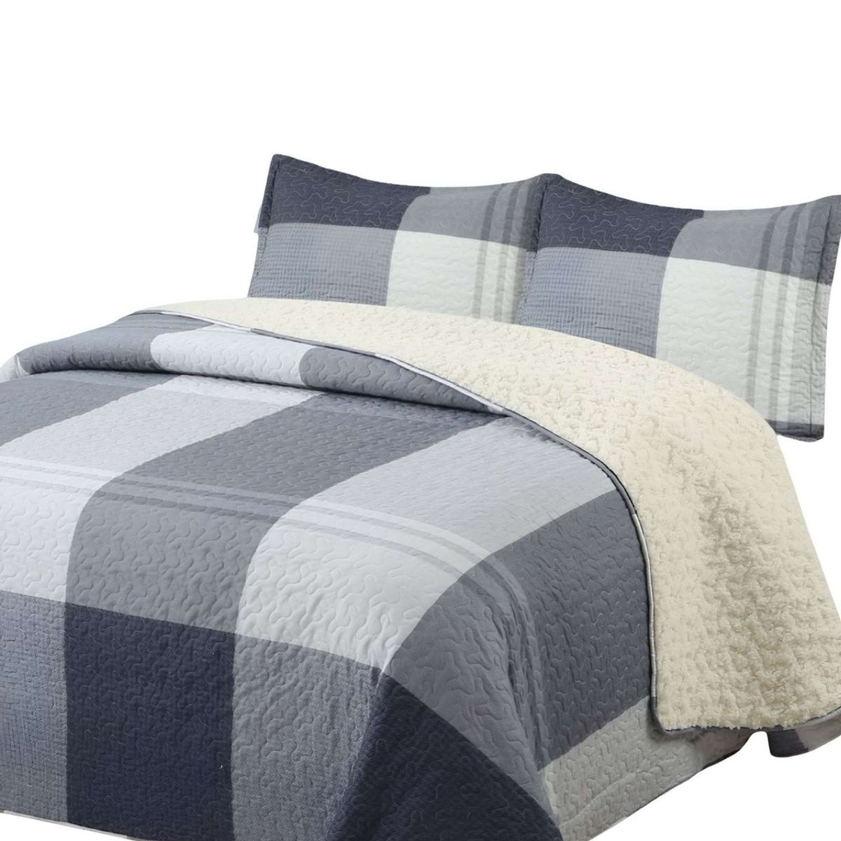 GENERICO - Cubrecama Quilt con sherpa plaza y media 180 x 230 cm