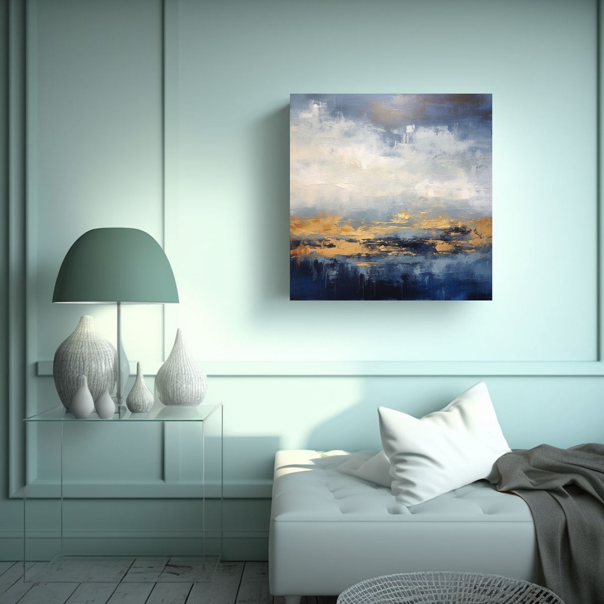 GENERICO - Pintura Abstracta Azul Y Dorada Sobre Lienzo 80x80 Cm