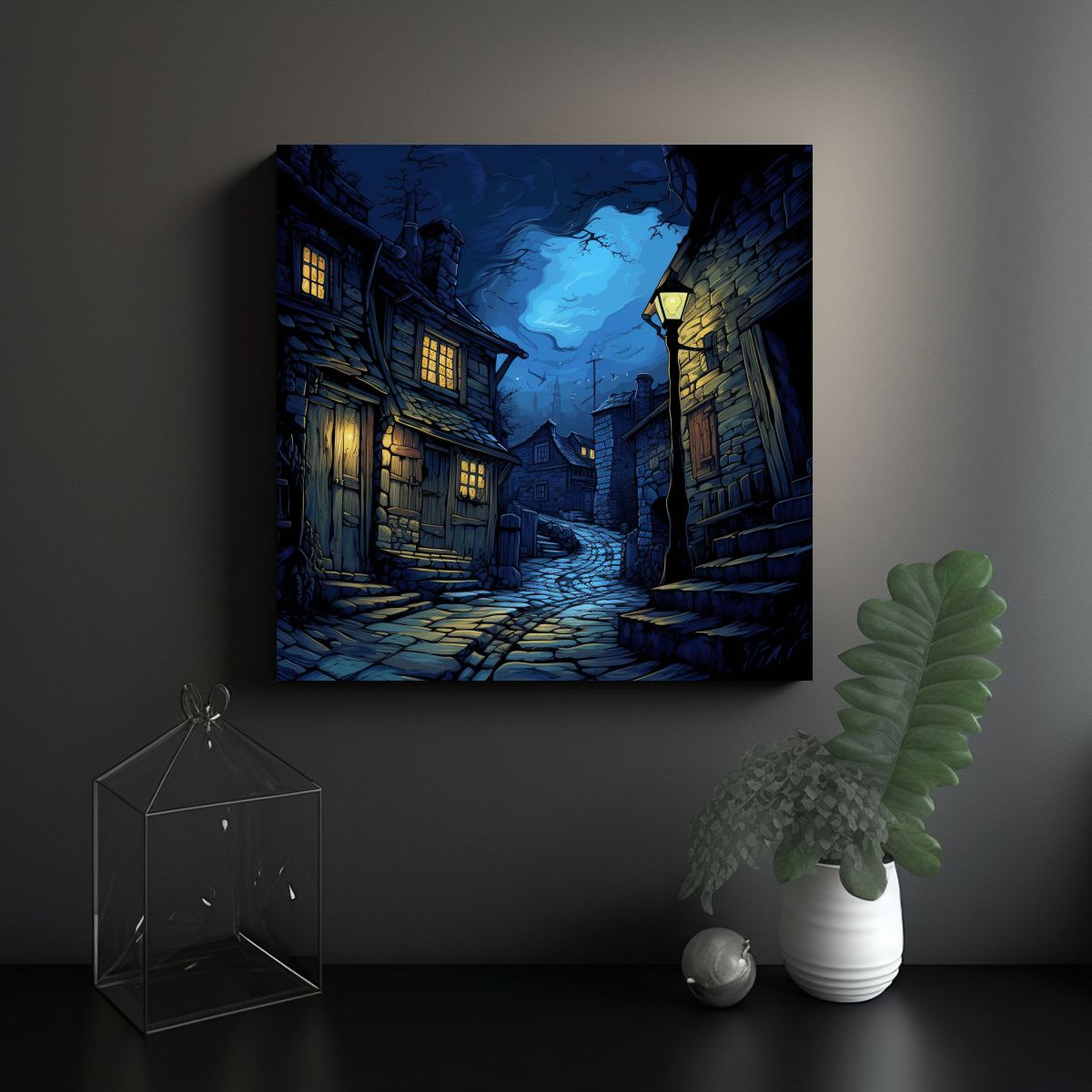 GENERICO - Pintura Noche Colores Vibrantes Callejón Oscuro 90x90 Cm.