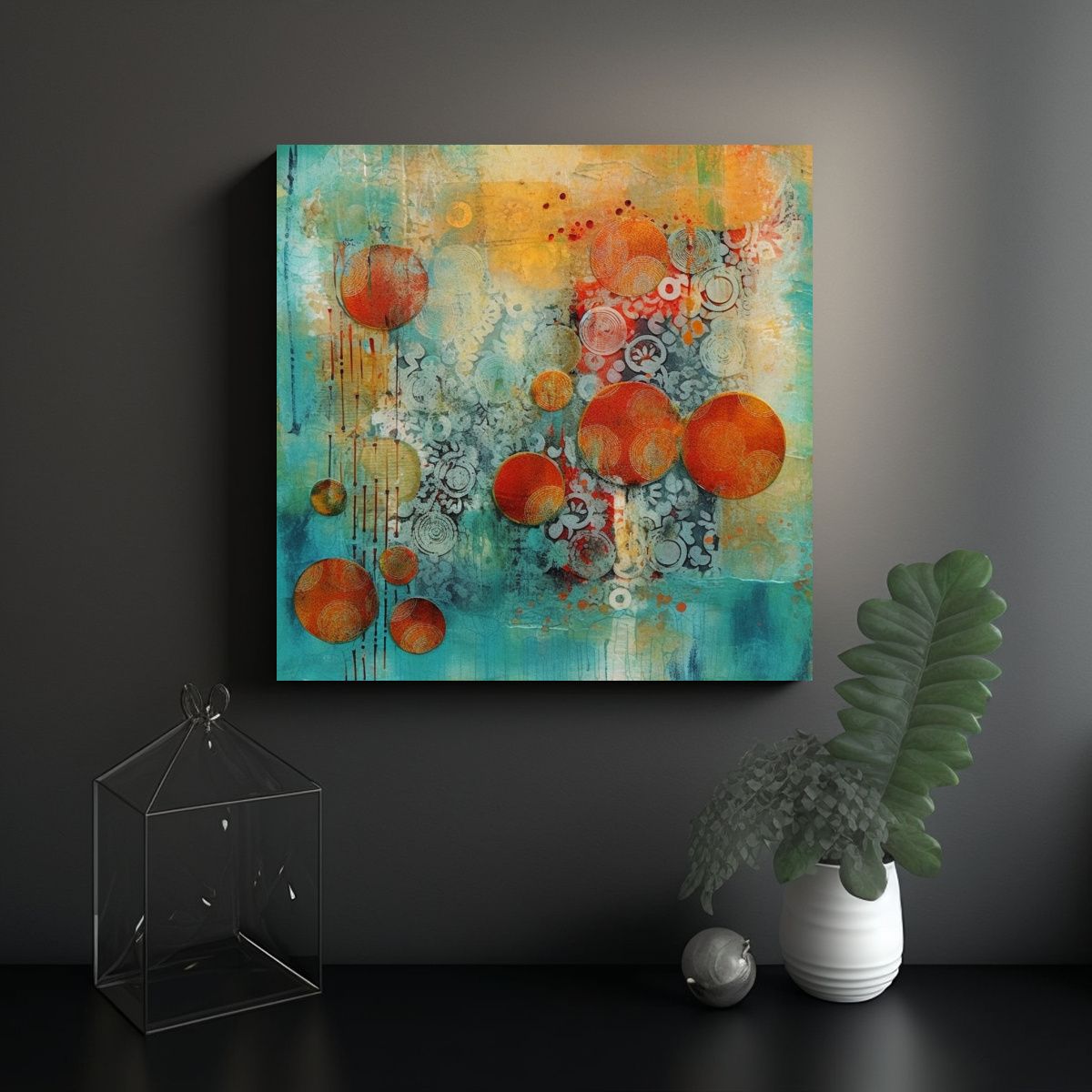 GENERICO - Cuadro Floral Con Capas De Arte Gelli Estarcidos 90x90 Cm