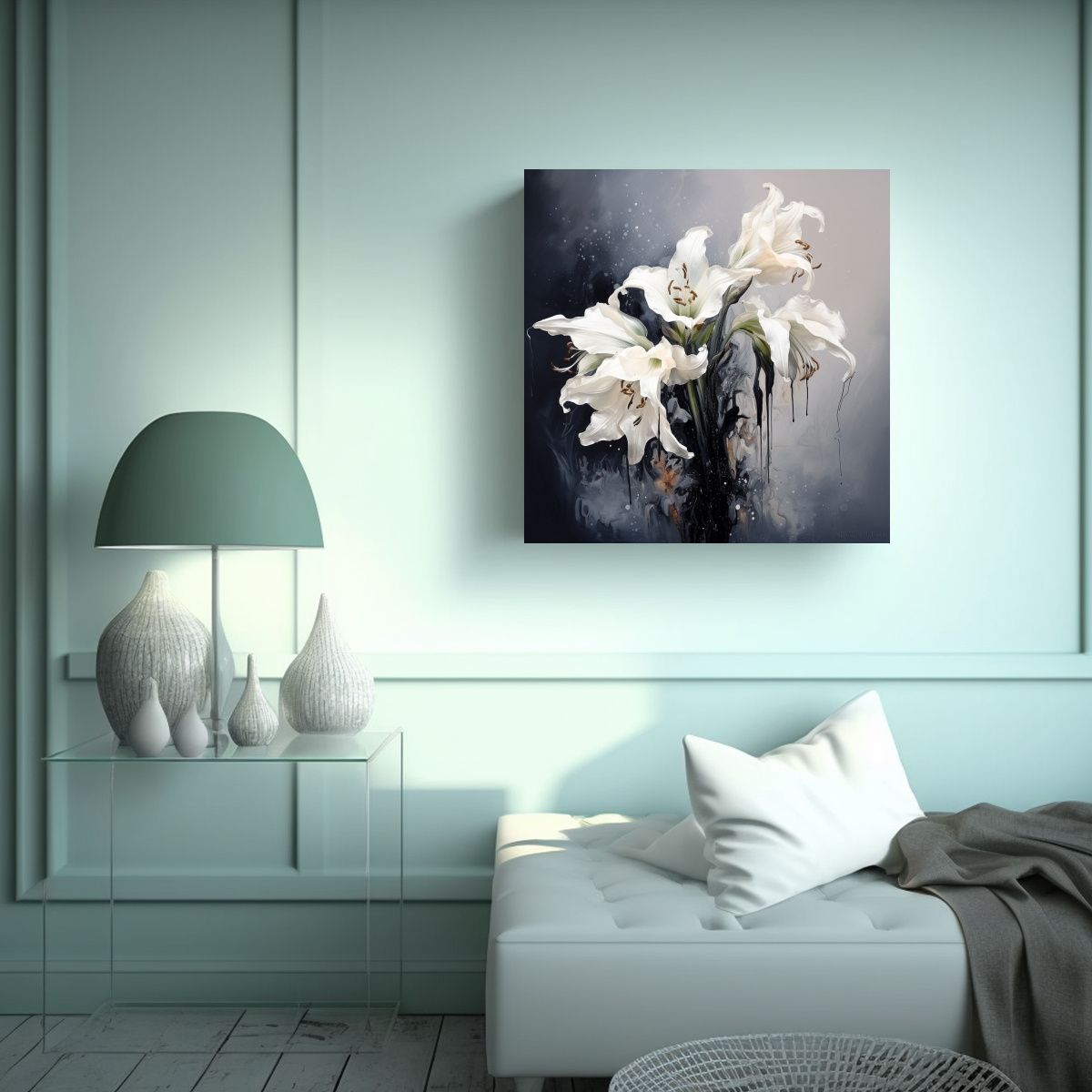 GENERICO - Pintura Abstracta En Blanco Y Negro De Flores De 90x90 Cm