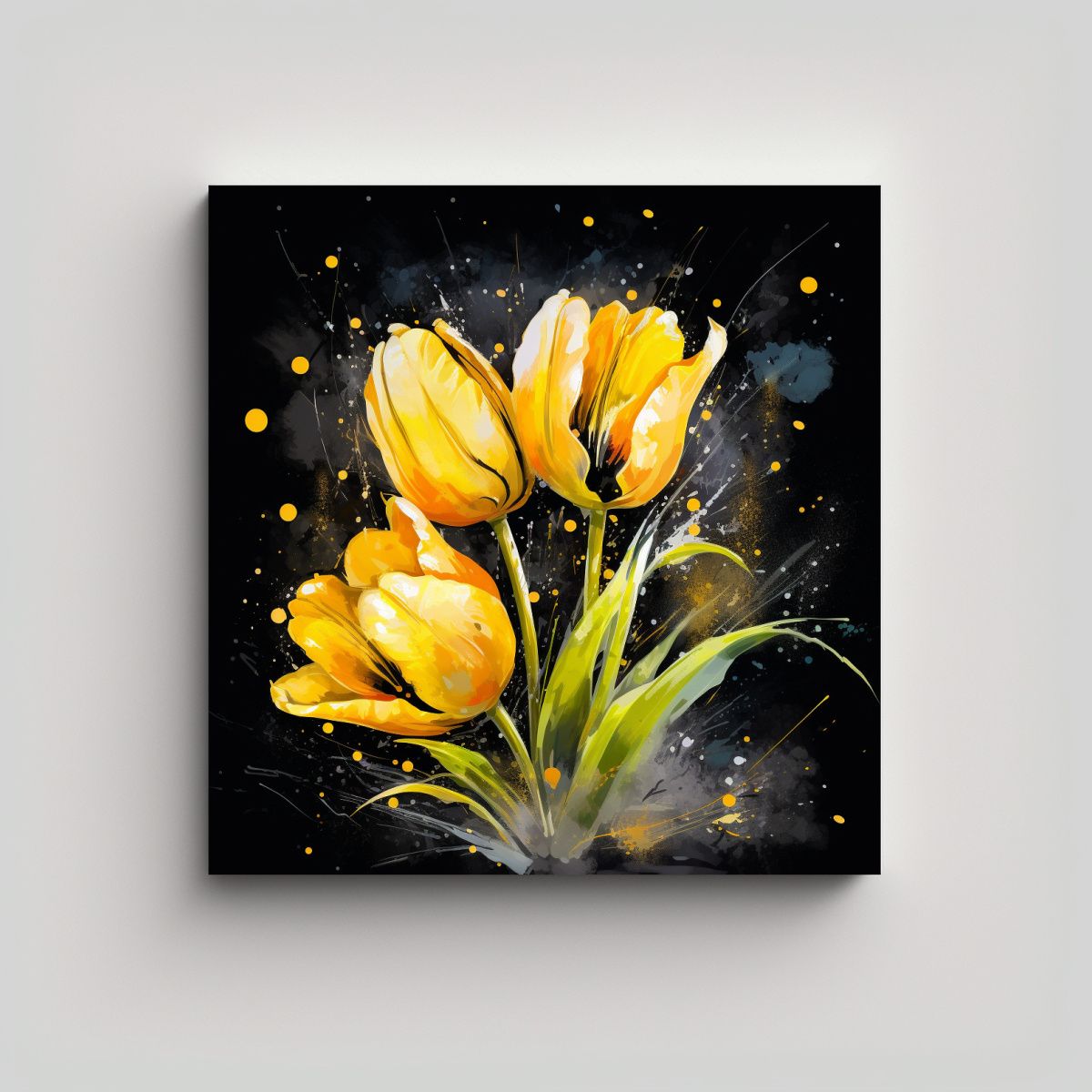 GENERICO - Pintura Abstracta De Flores Amarillas Y Negras 90x90 Cm.