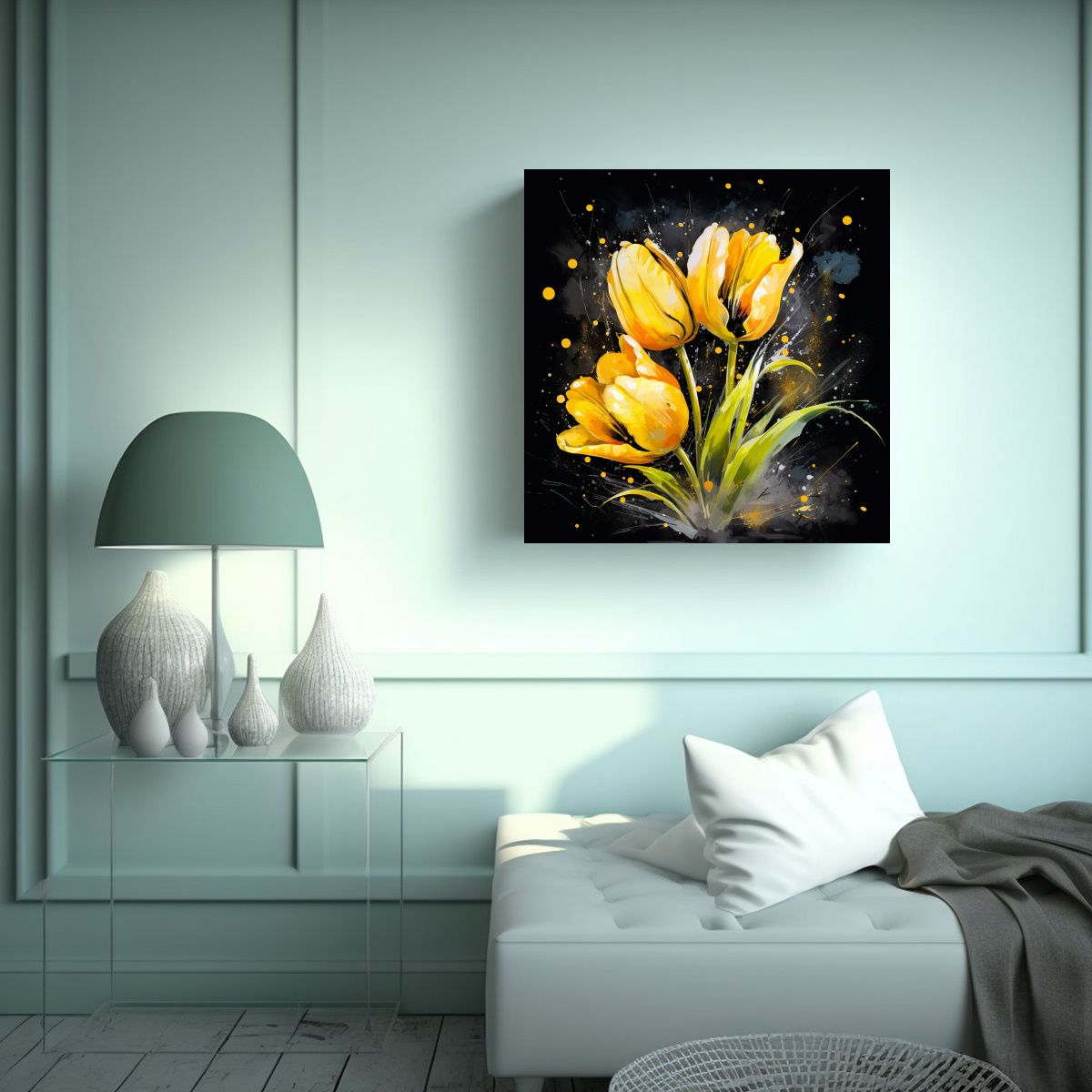 GENERICO - Pintura Abstracta De Flores Amarillas Y Negras 90x90 Cm.