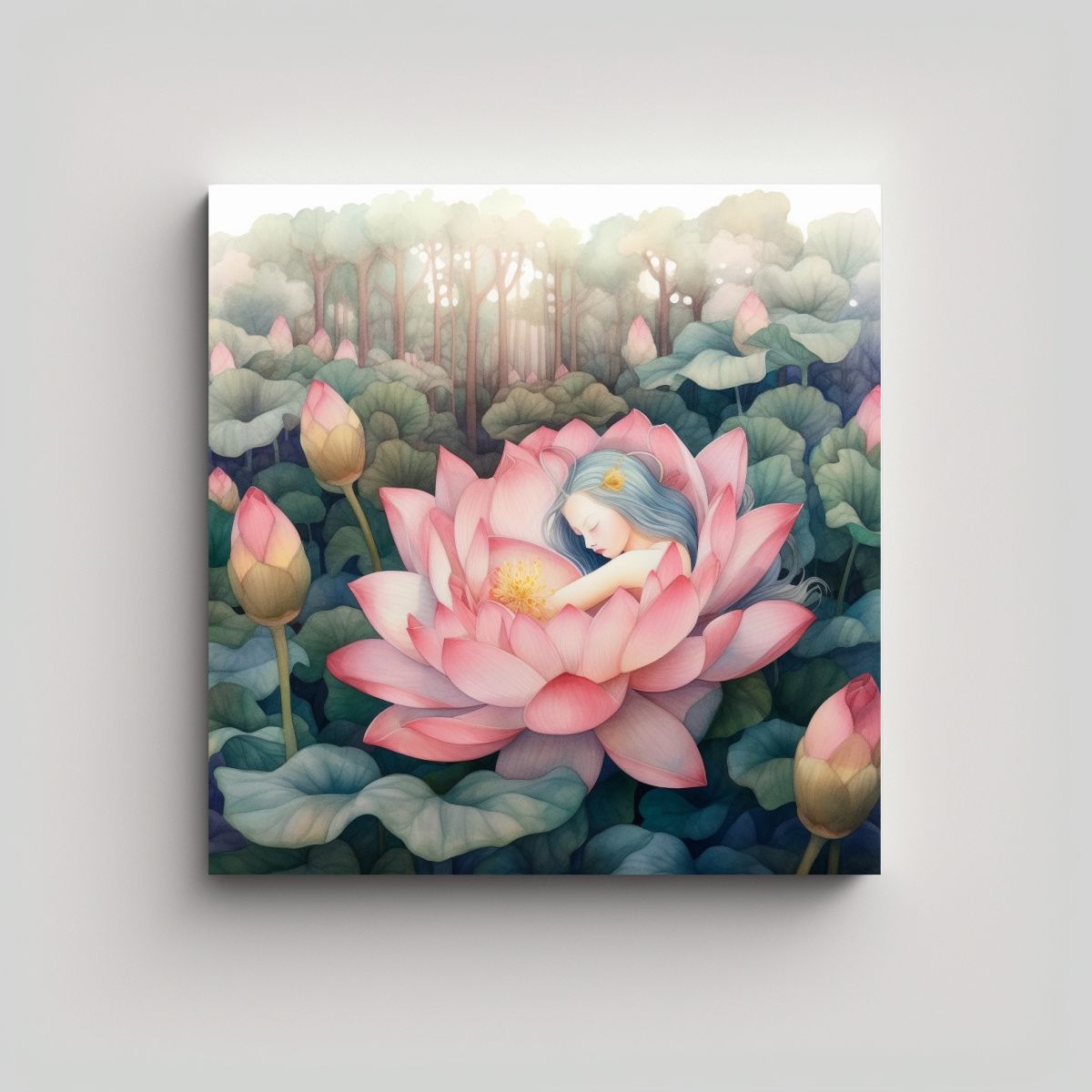 GENERICO - Acuarela Colorida Hada Durmiendo En Flor De 70x70 Cm