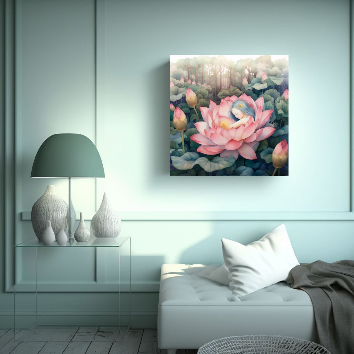 GENERICO - Acuarela Colorida Hada Durmiendo En Flor De 70x70 Cm