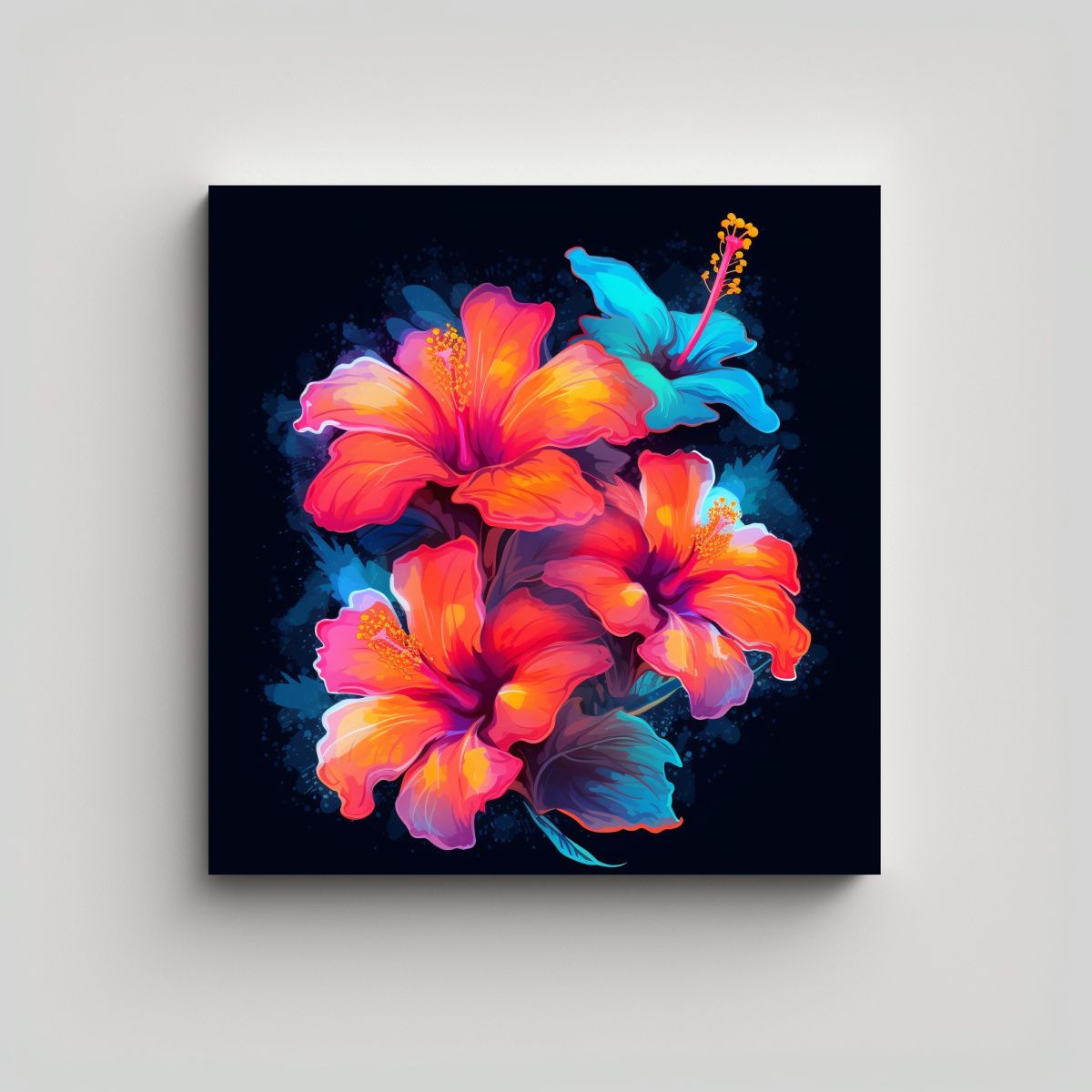 GENERICO - Cuadro Original Vibrante Neon Hibiscus Flores En 90x90 Cm.