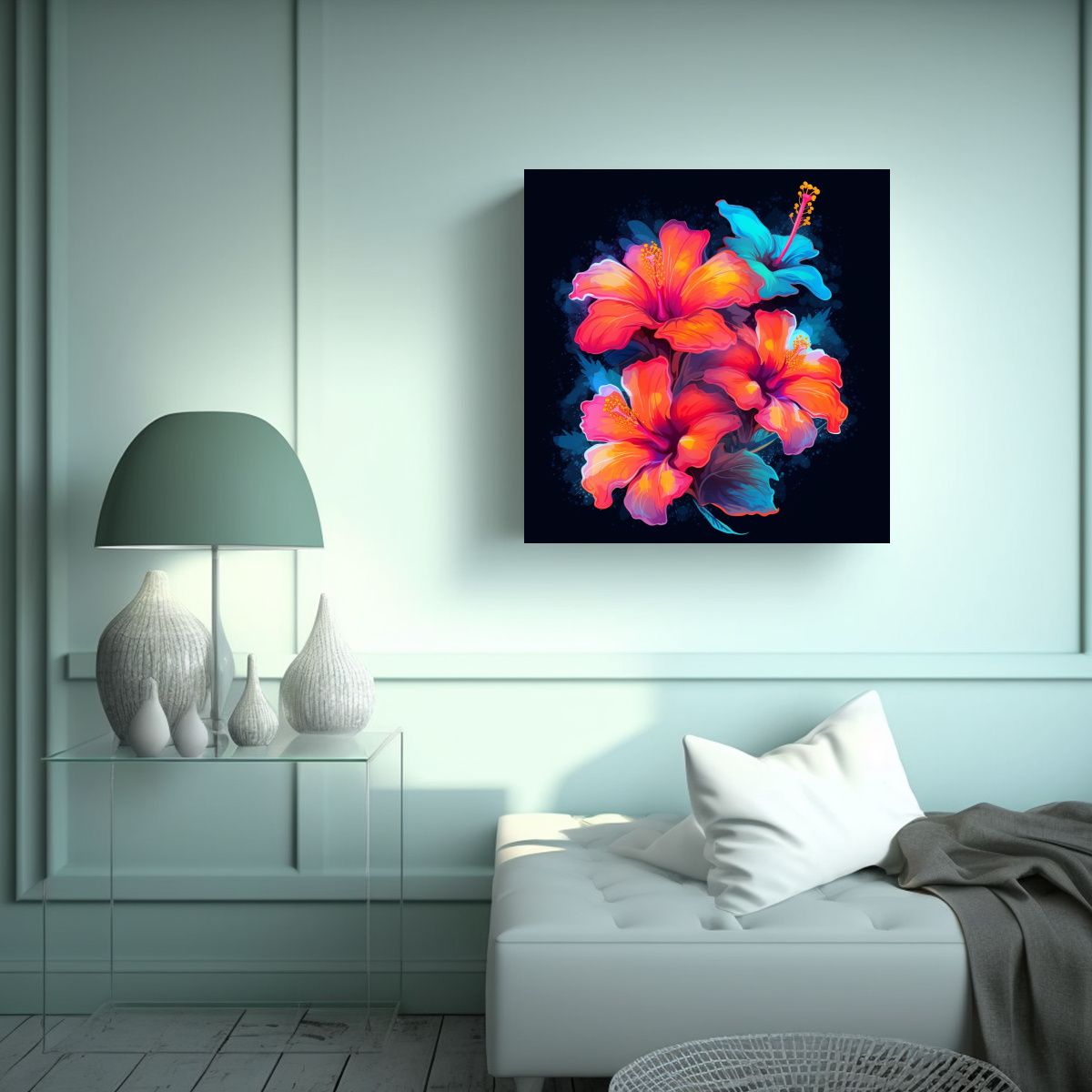 GENERICO - Cuadro Original Vibrante Neon Hibiscus Flores En 90x90 Cm.