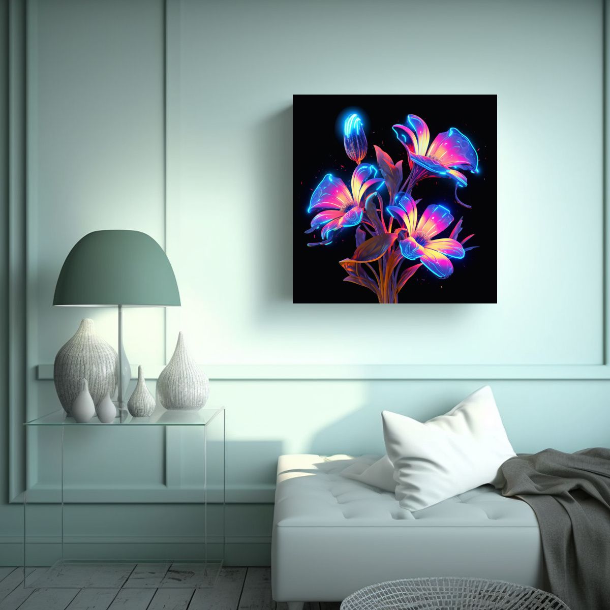 GENERICO - Cuadro Decorativo Cyberpunk Neon Flowers En Fina 70x70 Cm.
