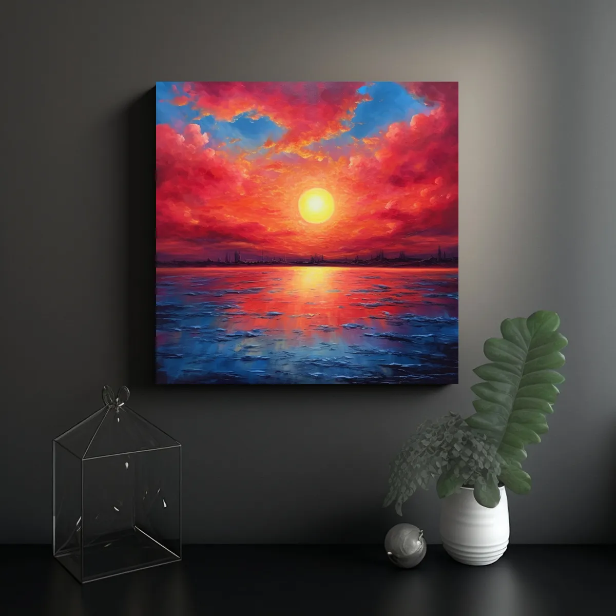 GENERICO - Lienzo Cultural De Finas Líneas Al Amanecer Rojo 70x70 Cm