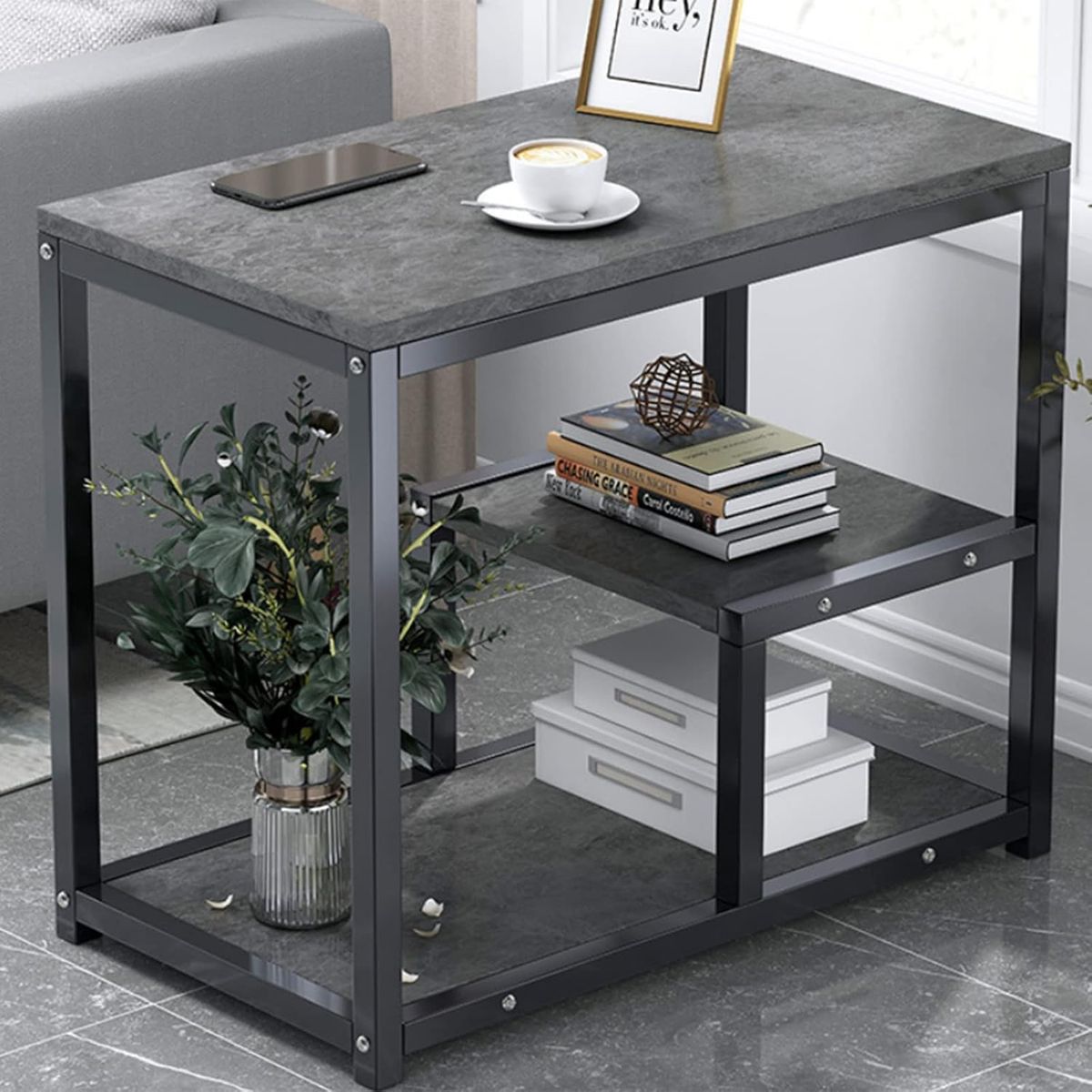 YOMYM - Mesa Auxiliar con Tablero de MDF Gris y Estructura de Acero