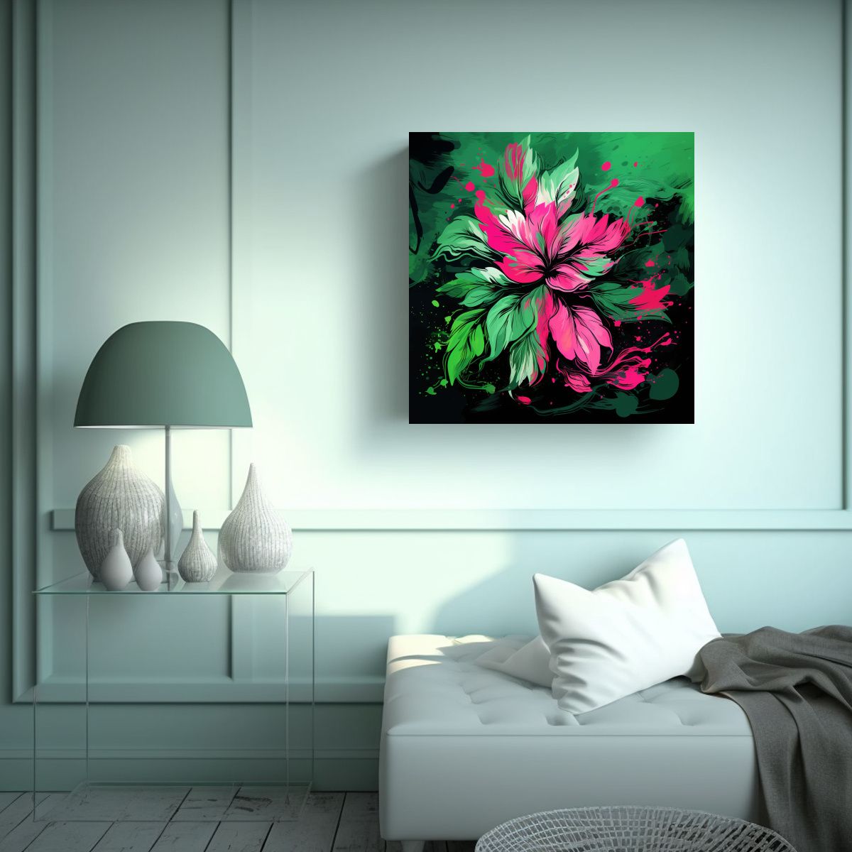 GENERICO - Cuadro Neonoir Alegría Verde Y Rosa Alta Calidad 70x70 Cm