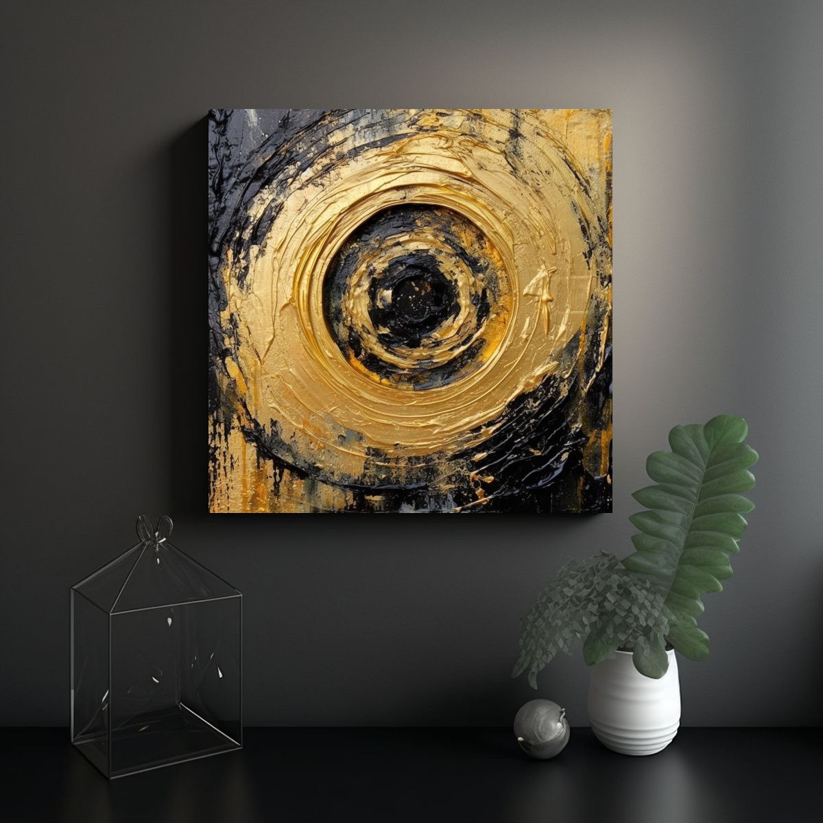 GENERICO - Pintura Fantástica Anillo Negro Y Dorado Con 90x90 Cm