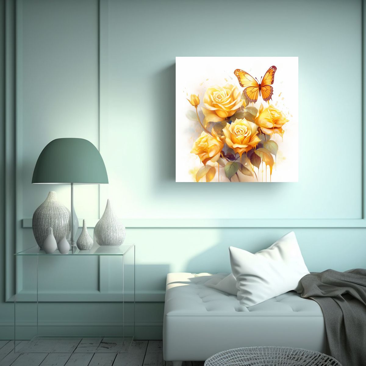 GENERICO - Roses Doradas Y Mariposas En Espacio Moderno 90x90 Cm