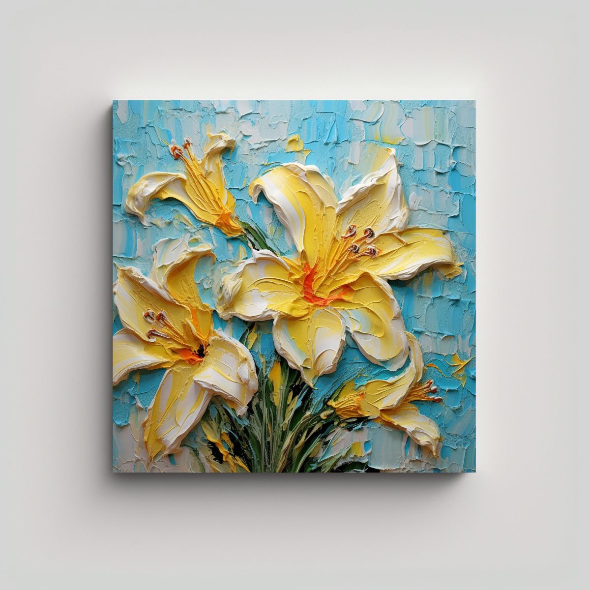 GENERICO - Lirios Coloridos En Pintura Amarilla Lienzo Arte 80x80 Cm