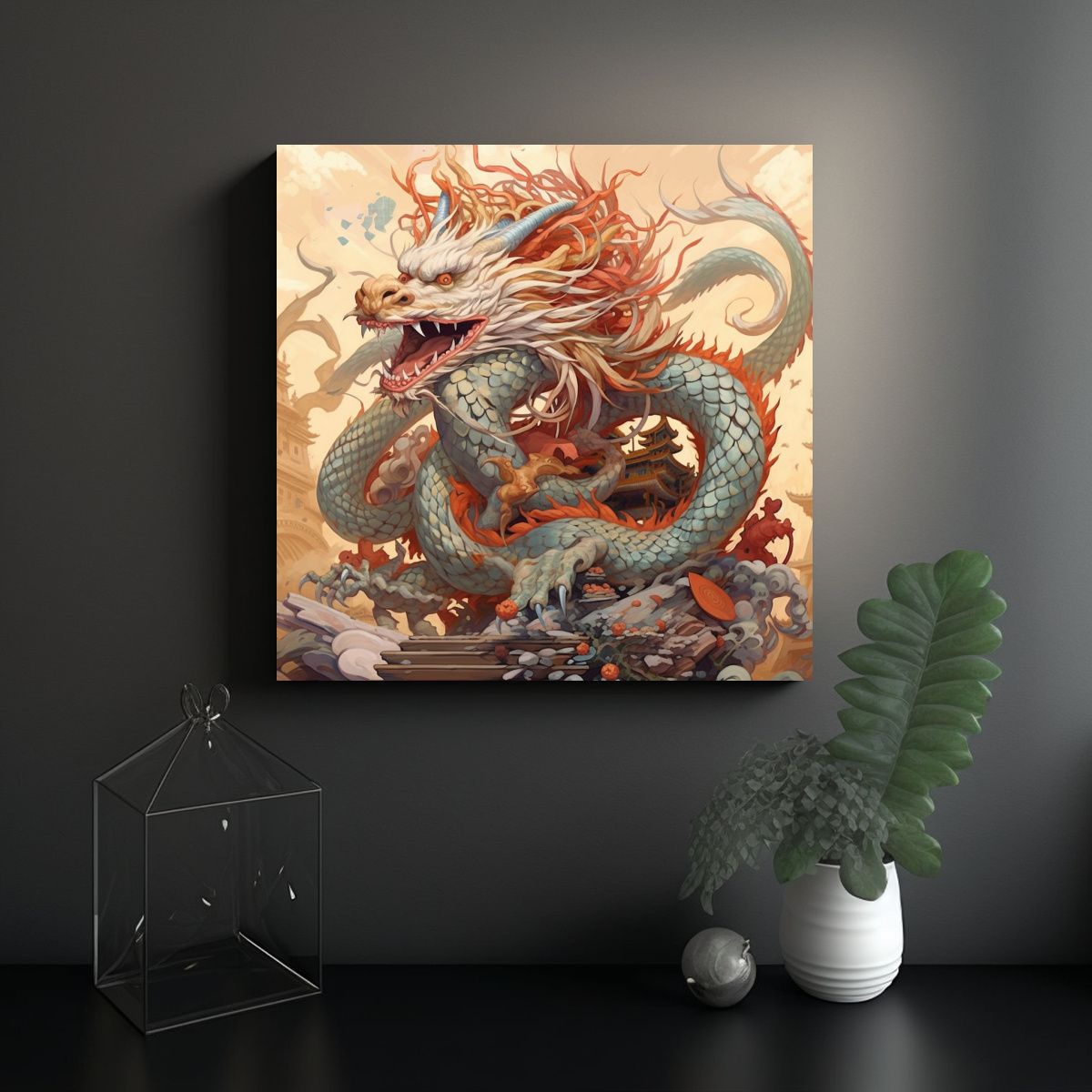 GENERICO - Cuadro Moderna De Un Dragón Chino Como Dios Del 90x90 Cm.