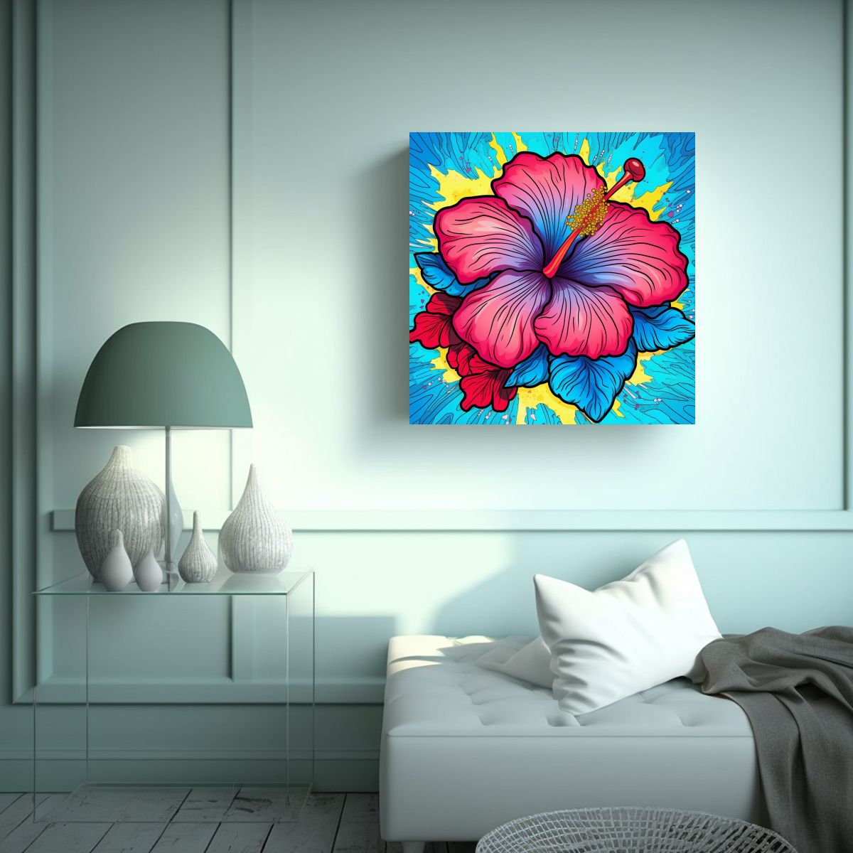 GENERICO - Arte Hibisco Mágico Tinta Roja Azul Amarilla 90x90 Cm