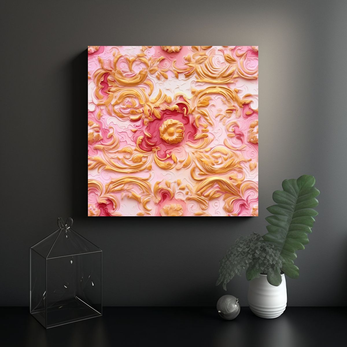 GENERICO - Cuadro Moderno Impactante Pintura Rosa Y Dorada 70x70 Cm.