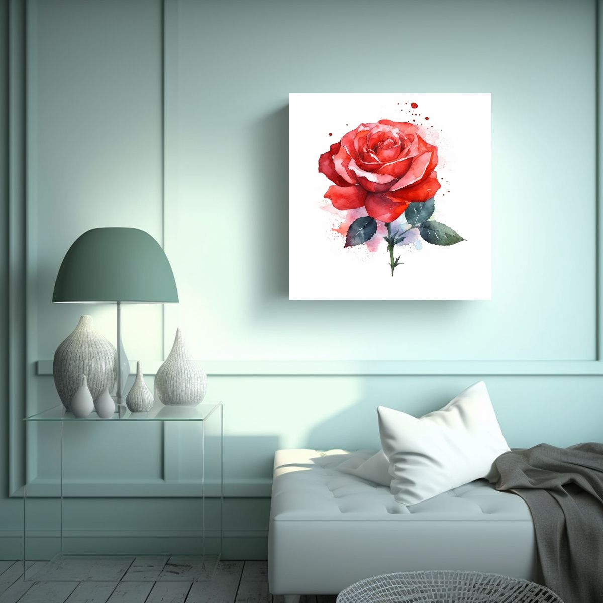 GENERICO - Cuadro Decorativo Estilo Acuarela Rosa Roja En 90x90 Cm