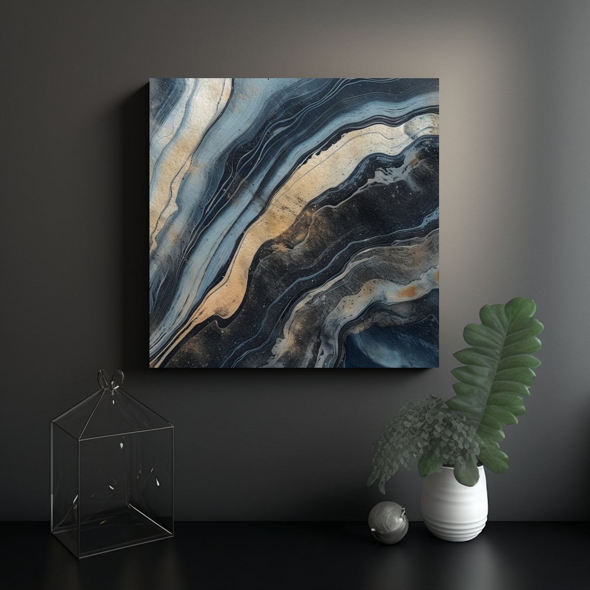GENERICO - Cuadro En Bastidor Azul Y Negro Con Franja Negra 70x70 Cm