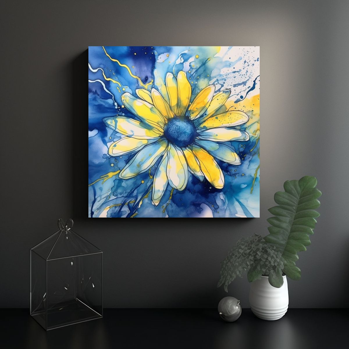 GENERICO - Cuadro Floral Con Margarita En Acuarela Y Tinta 70x70 Cm