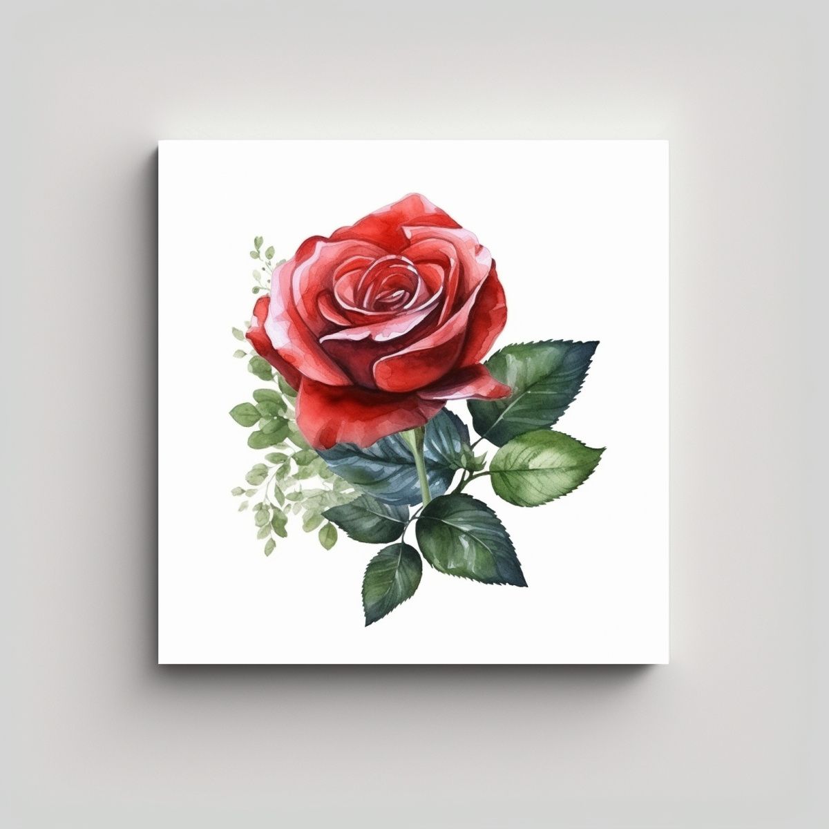 GENERICO - Cuadro De Rosa Roja Y Hojas Verdes En Acuarela - 90x90 Cm.