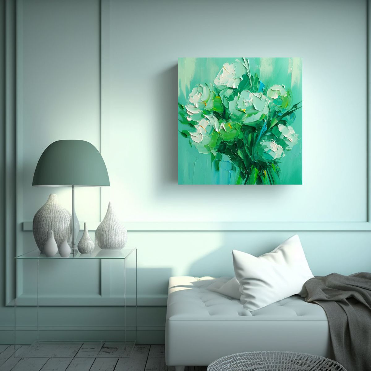 GENERICO - Pintura De Flores En Lienzo En Colores Verde Y 80x80 Cm