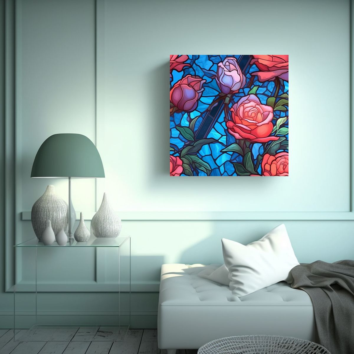 GENERICO - Cuadros Vitrales Estilo Naturaleza Viva Con Rosas 90x90 Cm