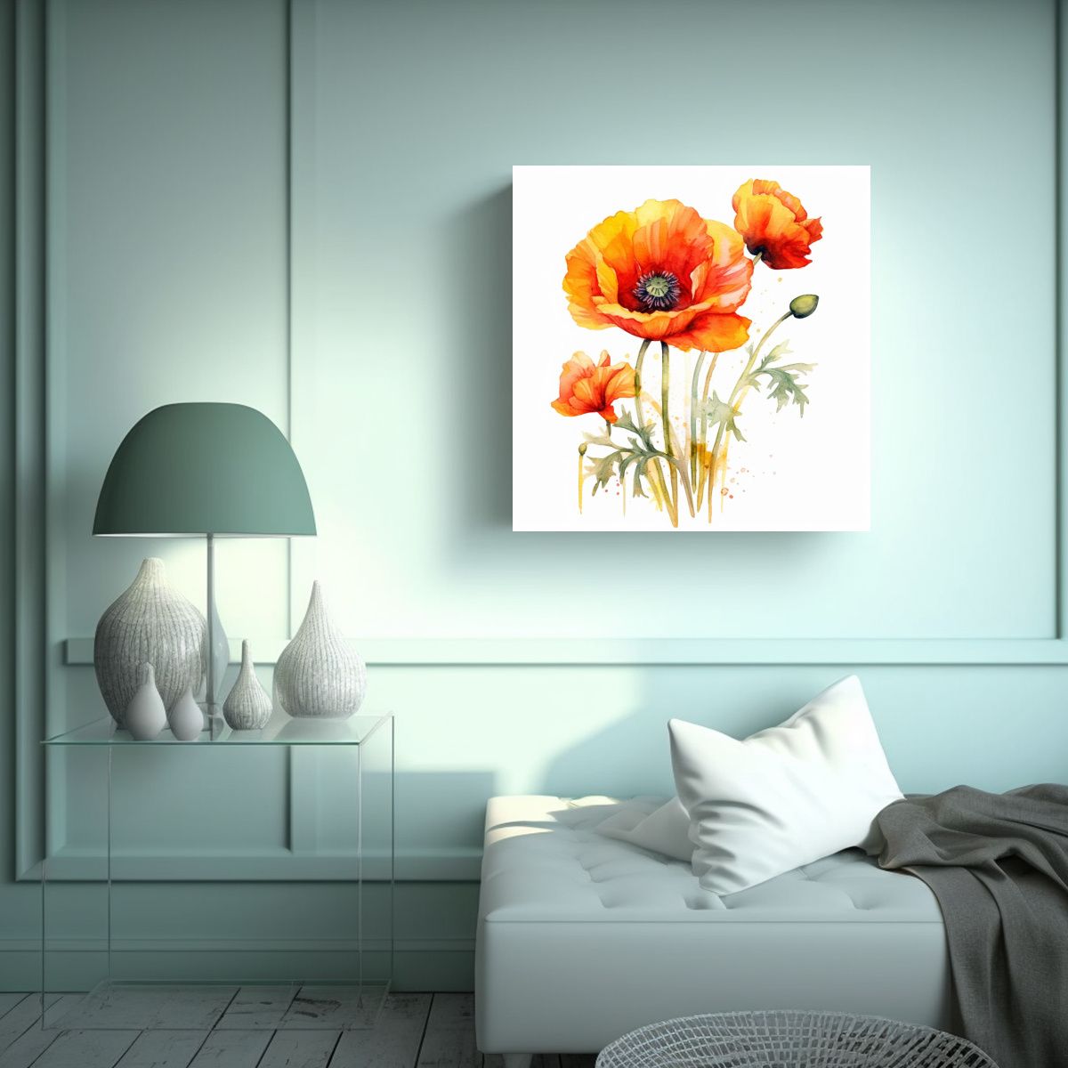 GENERICO - Ilustración En Lienzo De Amapola Acuarela Para 70x70 Cm