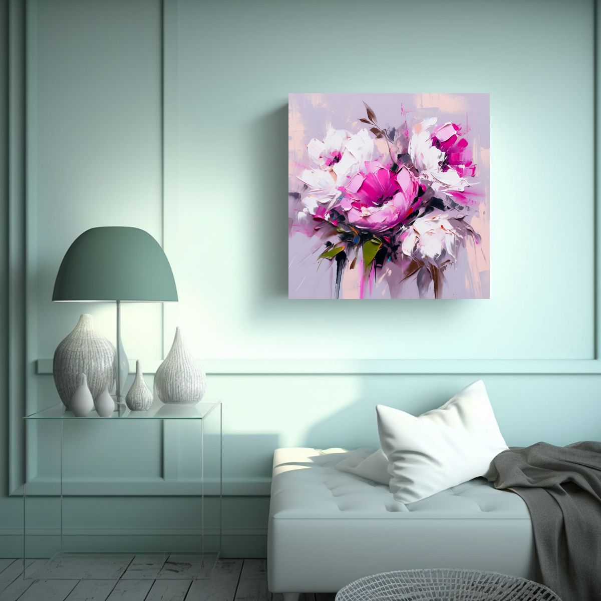 GENERICO - Cuadro Profundidad White Y Magenta Flores En 80x80 Cm