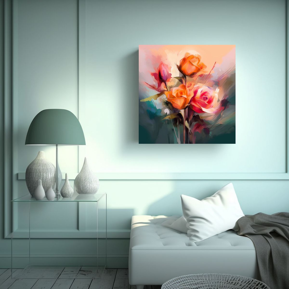 GENERICO - Cuadro Abstracto De Rosas En Tela Bastidor 90x90 Cm