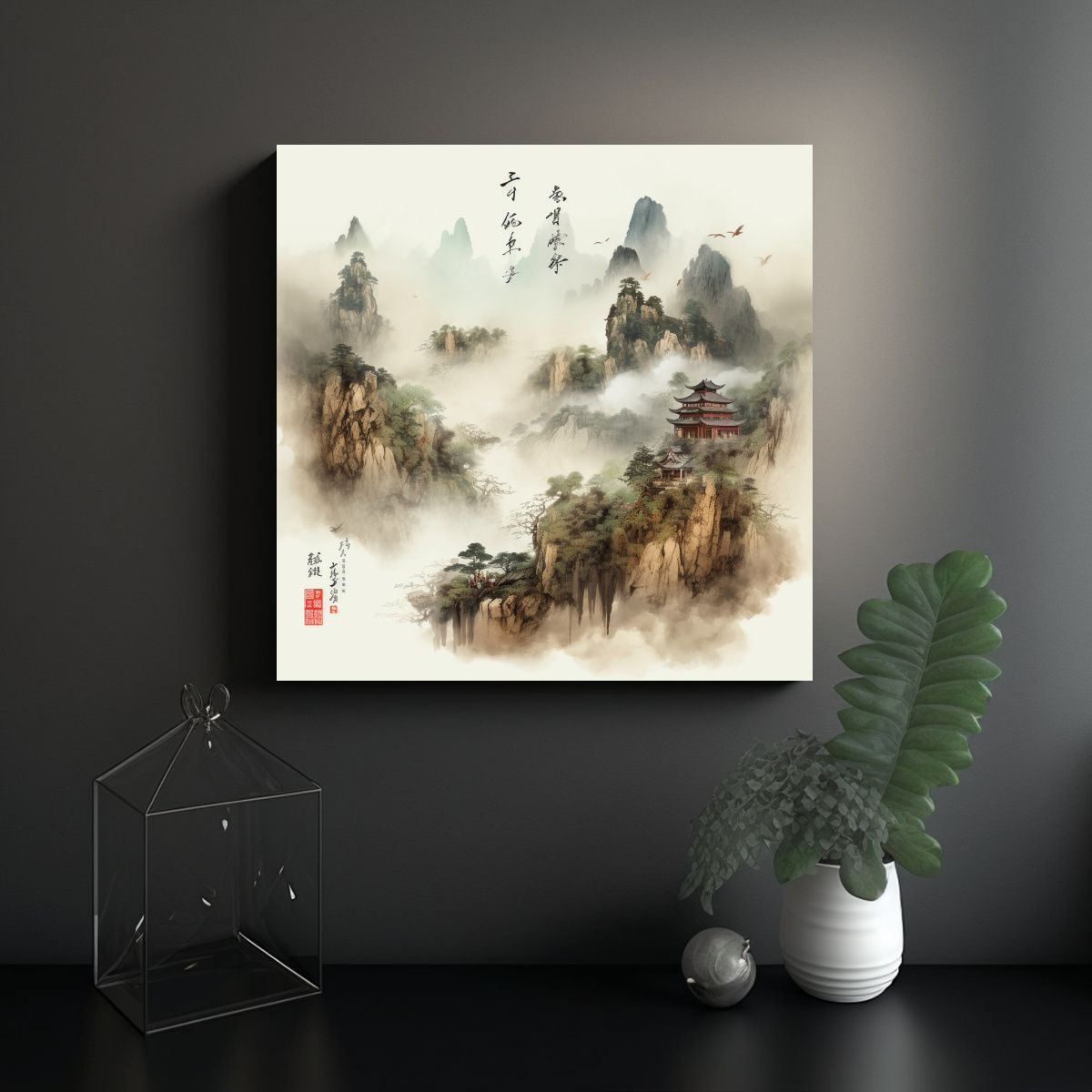 GENERICO - Pintura Paisaje Chino Combinación Tonos Lienzo 90x90 Cm