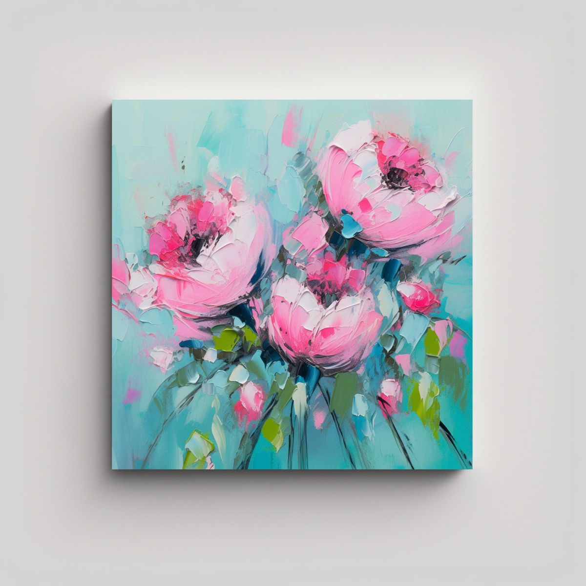 GENERICO - Pintura De Flores En Lienzo En Colores Turquesa Y 80x80 Cm