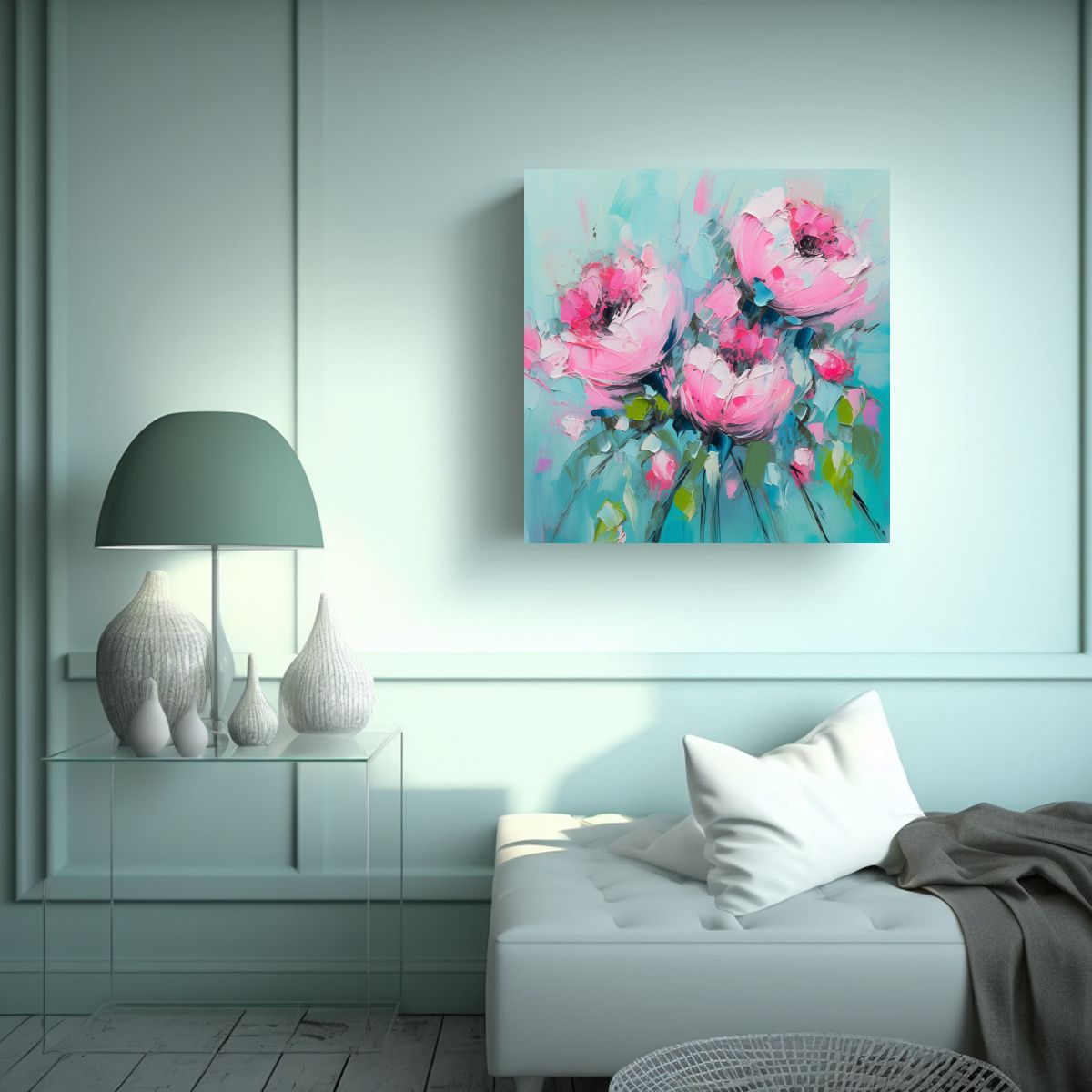 GENERICO - Pintura De Flores En Lienzo En Colores Turquesa Y 80x80 Cm