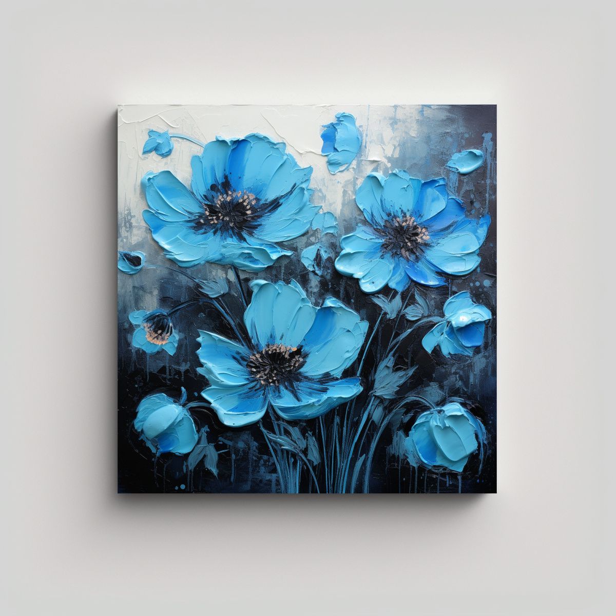 GENERICO - Pintura De Flores Intensas En Lienzo Negro Y Azul 80x80 Cm