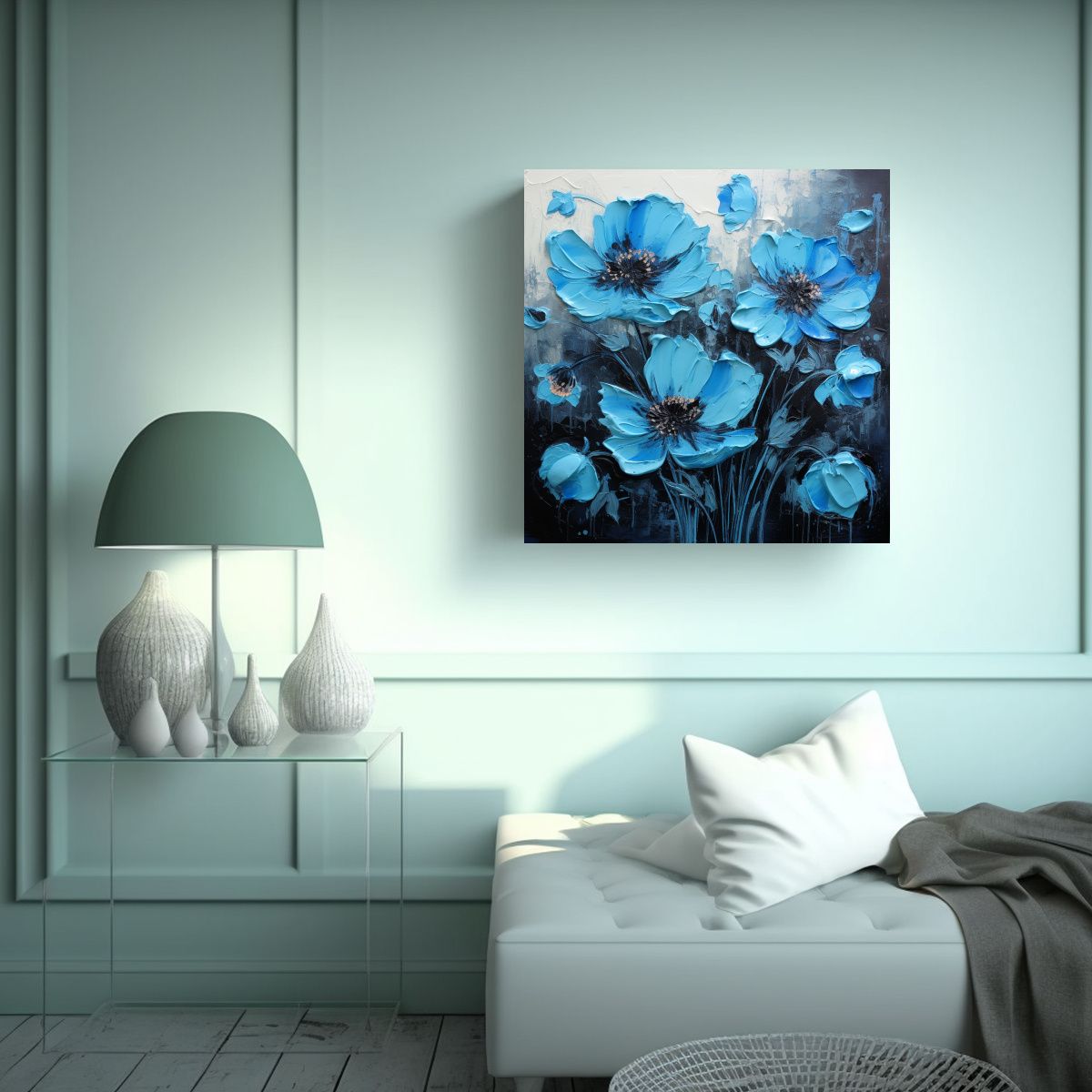 GENERICO - Pintura De Flores Intensas En Lienzo Negro Y Azul 80x80 Cm