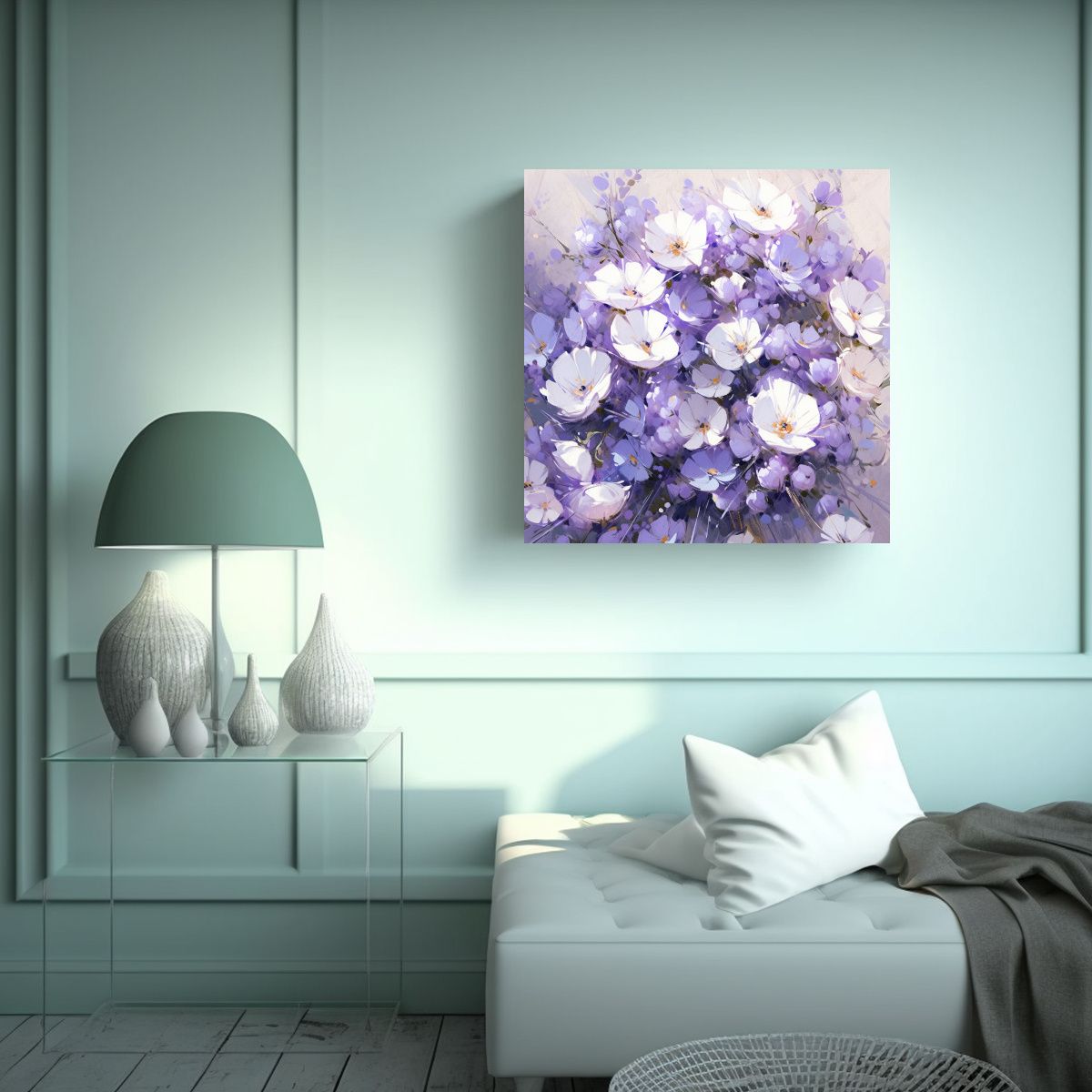 GENERICO - Pintura Juvenil De Flores En Morado Y Blanco En 90x90 Cm
