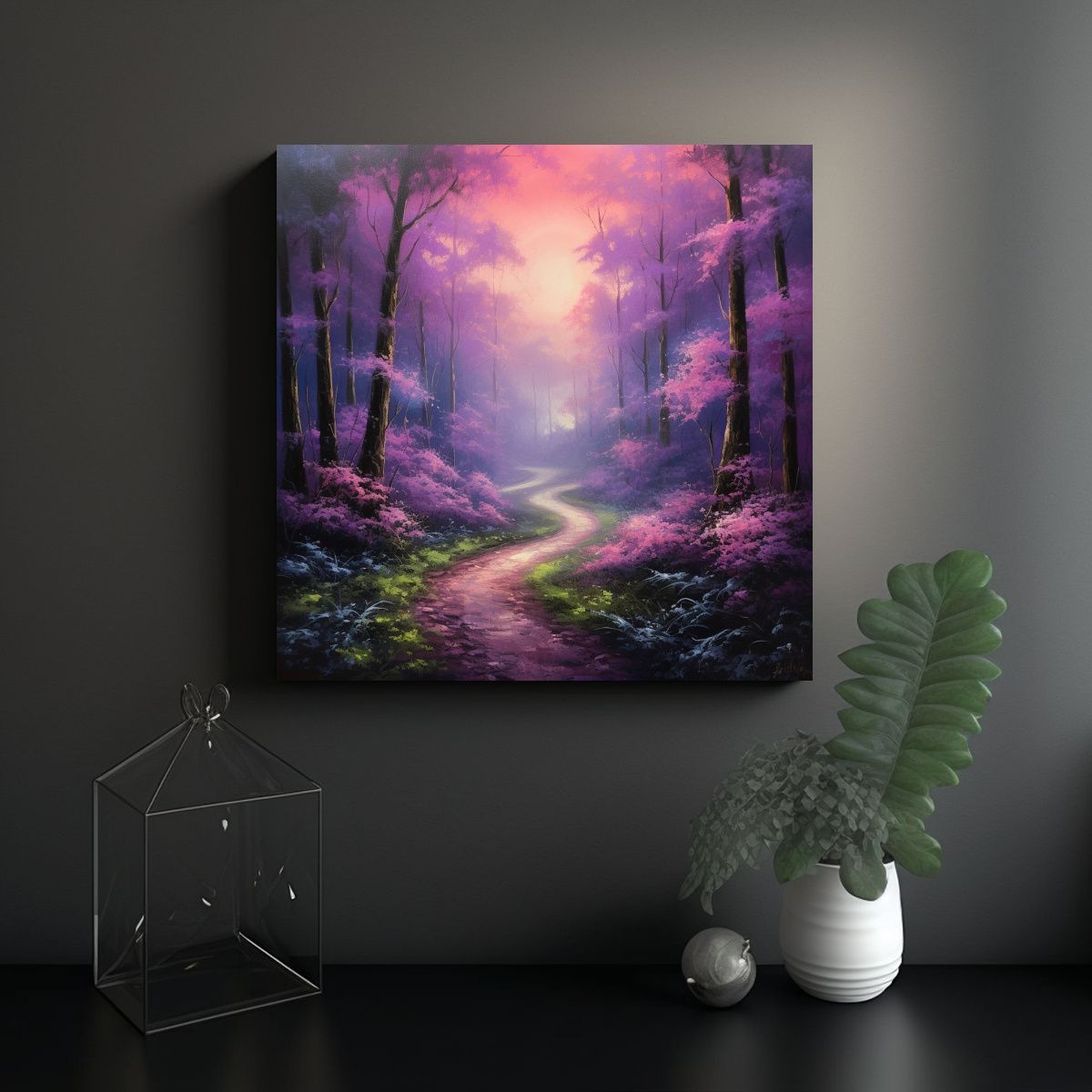 GENERICO - Cuadro Bosque Morado Sendero Pintado Con 80x80 Cm