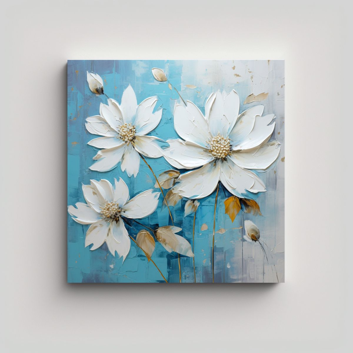 GENERICO - Pintura Vintage De Flores Blancas Y Turquesa En 80x80 Cm