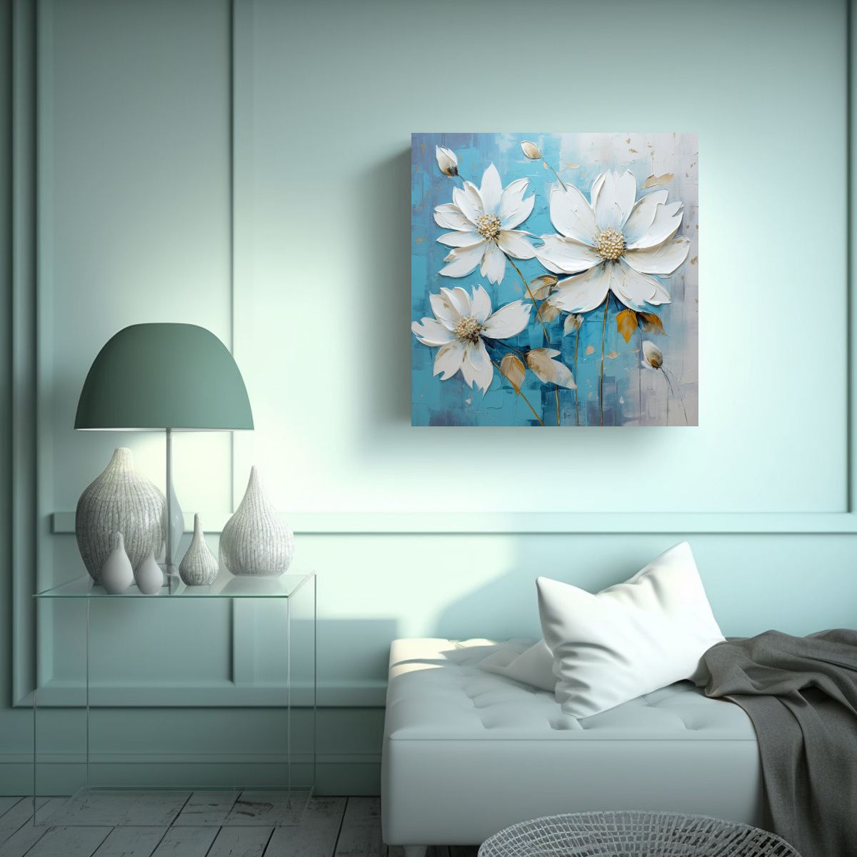 GENERICO - Pintura Vintage De Flores Blancas Y Turquesa En 80x80 Cm