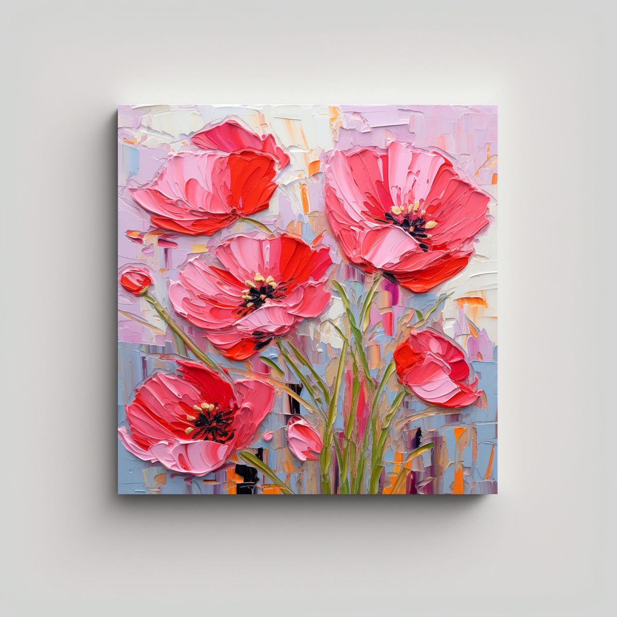 GENERICO - Pintura De Flores En Lienzo En Tonos Rojo Y Rosa 80x80 Cm