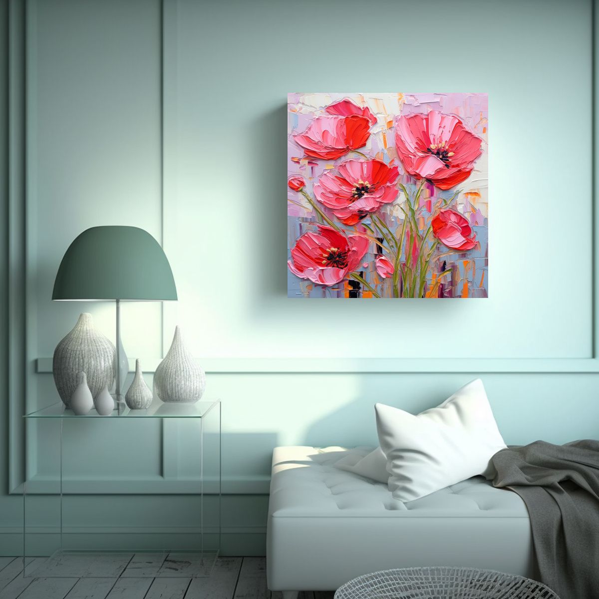 GENERICO - Pintura De Flores En Lienzo En Tonos Rojo Y Rosa 80x80 Cm