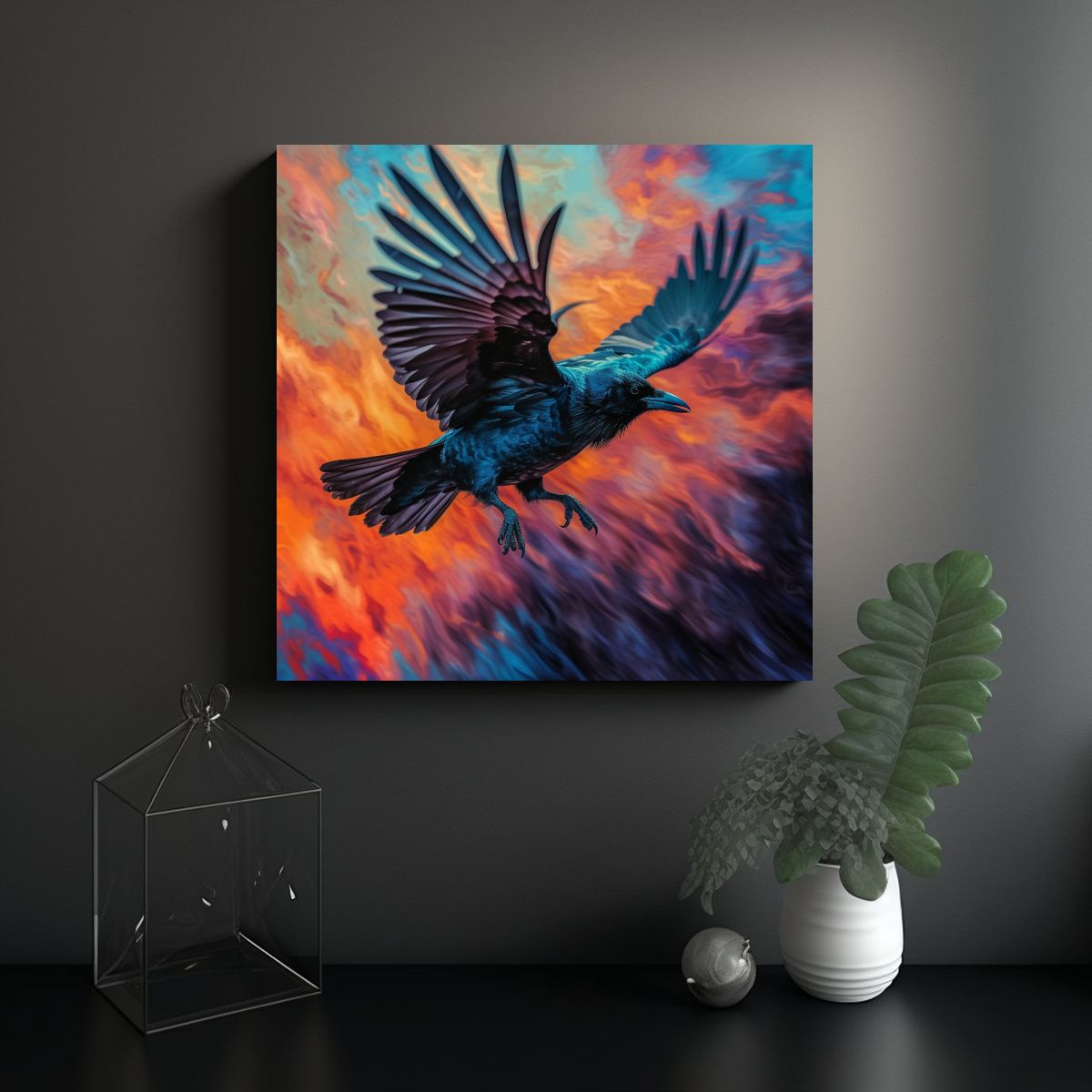 GENERICO - Cuadro Surrealista Cuervo En Vuelo Psychedelic 90x90 Cm.