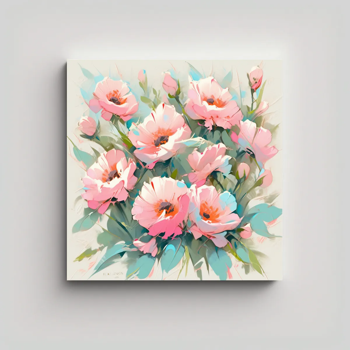 GENERICO - Cuadro Moderno Colorido Turquesa Y Rosa Flores En 80x80 Cm