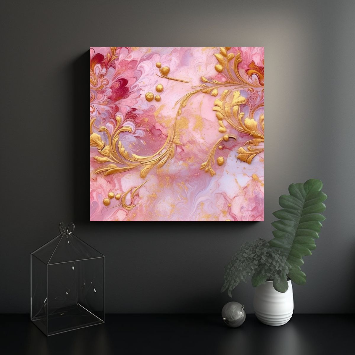 GENERICO - Pintura Rosa Y Dorada En Azulejo Estilo Arte 90x90 Cm