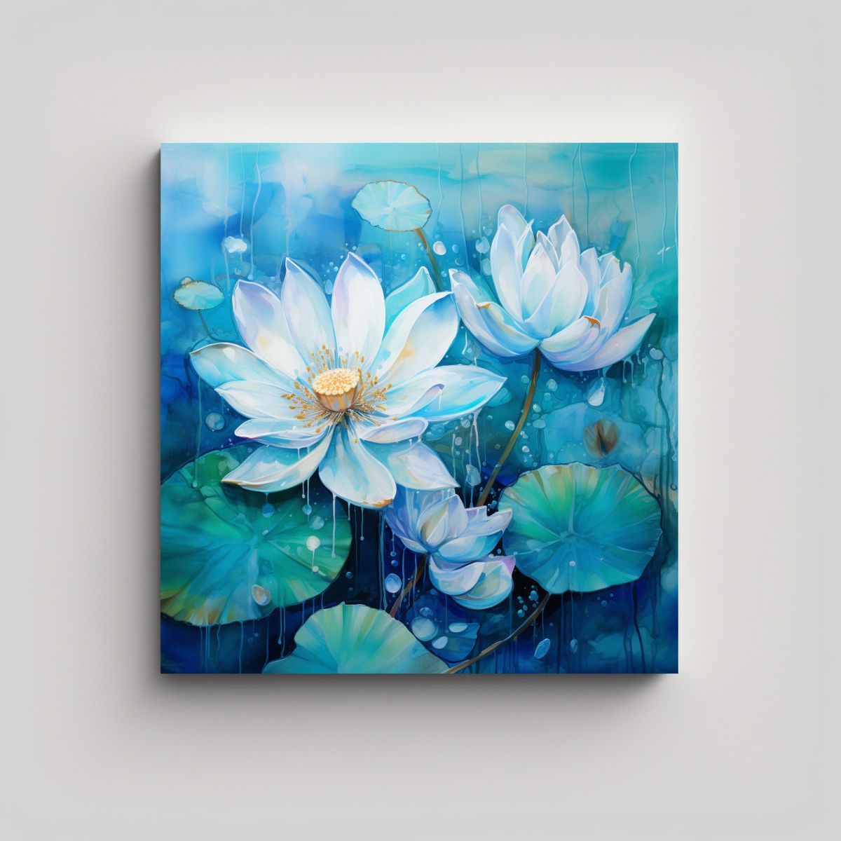 GENERICO - Acuarela Escenario A Flores Loto Turquesa Y Azul 80x80 Cm