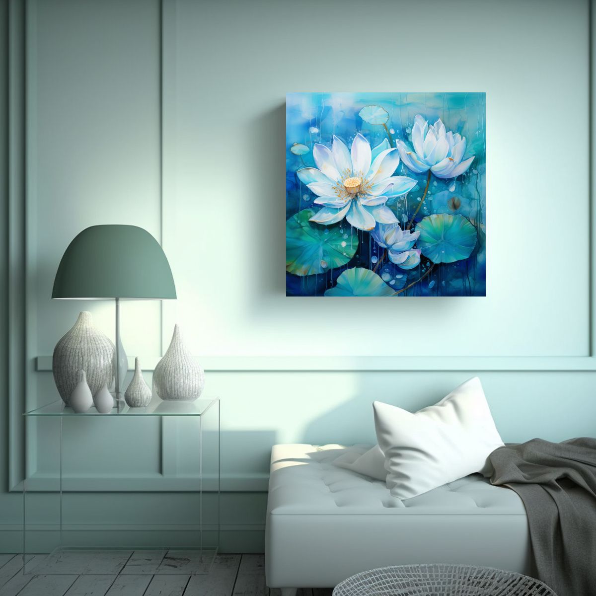 GENERICO - Acuarela Escenario A Flores Loto Turquesa Y Azul 80x80 Cm