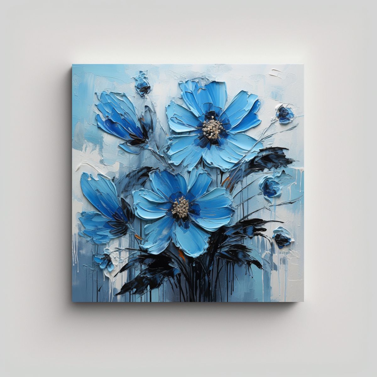 GENERICO - Cuadro Tema Calma Flores En Negro Y Azul En Lienzo 80x80 Cm