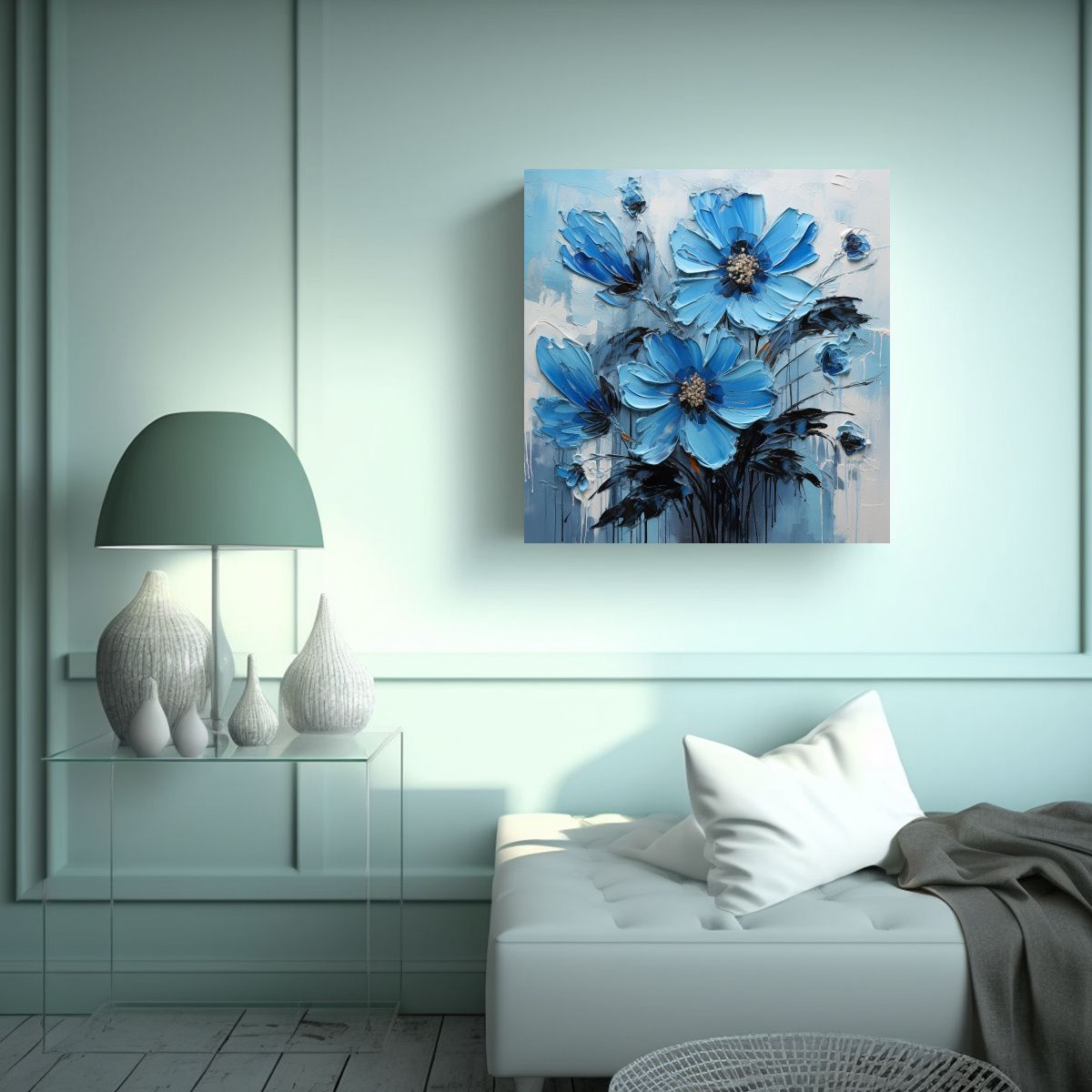 GENERICO - Cuadro Tema Calma Flores En Negro Y Azul En Lienzo 80x80 Cm